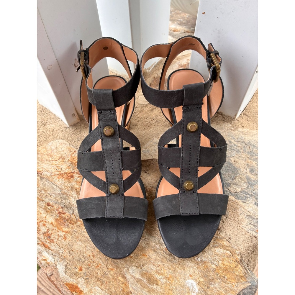 Franco Sarto Paloma Black Leather Gladiator Cork Block Heel Sandals Womens 8M